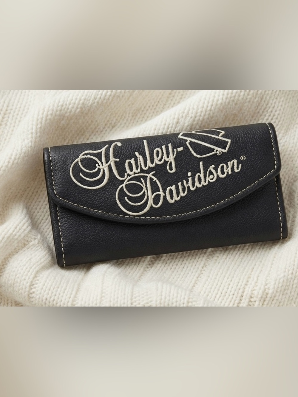 Harley-Davidson Black Leather Wallet with Cream Embroidery